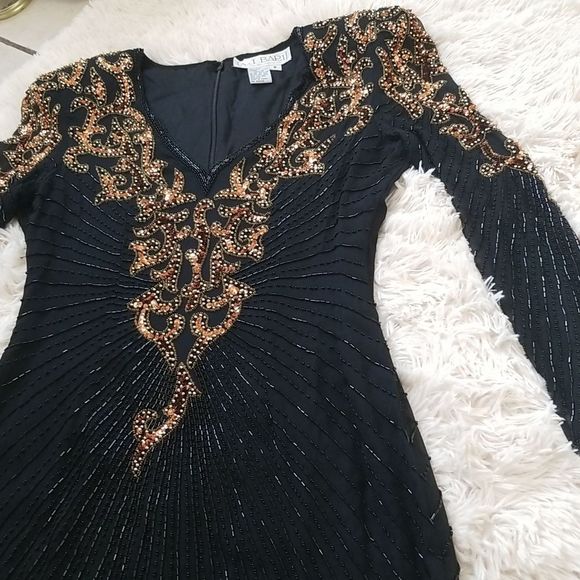 80s Vintage AJ Bari Beaded Sequin Gold & Black Asymmetrical Dress - Picture 9 of 17
